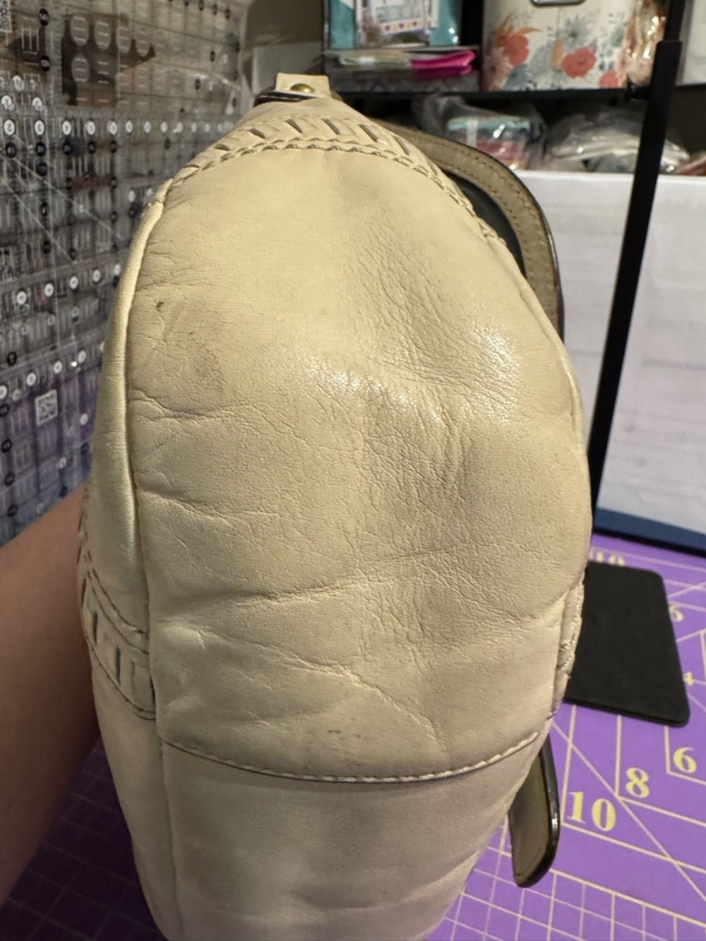 Coach Poppy Cream Leather Whipstitch Braided-Handle Flap Hobo Shoulder Bag - Picture 7 of 10